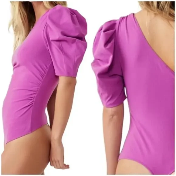 Free People One Shoulder Puff Sleeve L Bodysuit Magenta Ruched Side Stretchy - Picture 3 of 8